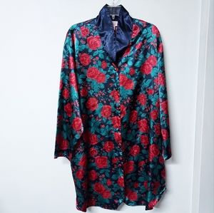 🌹 Vintage HONORS Intimates rose satiny pajama coat womens oversized XL-2X